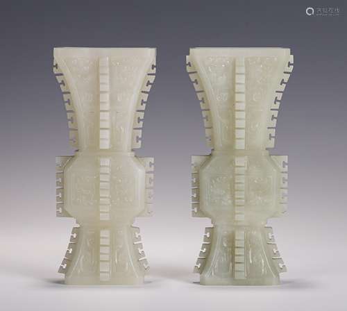 A PAIR OF CHINESE HARDJADE GU VASES