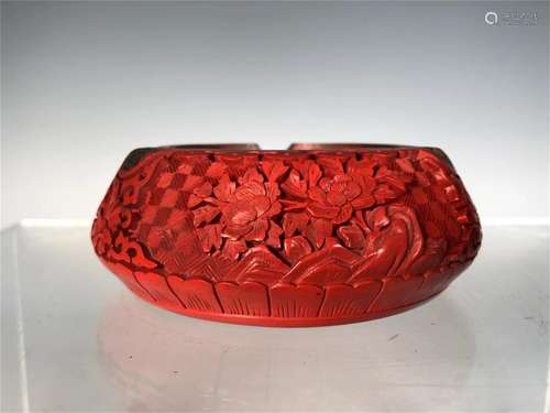 A CARVED RED LACQUER BRONZE ASHTRAY