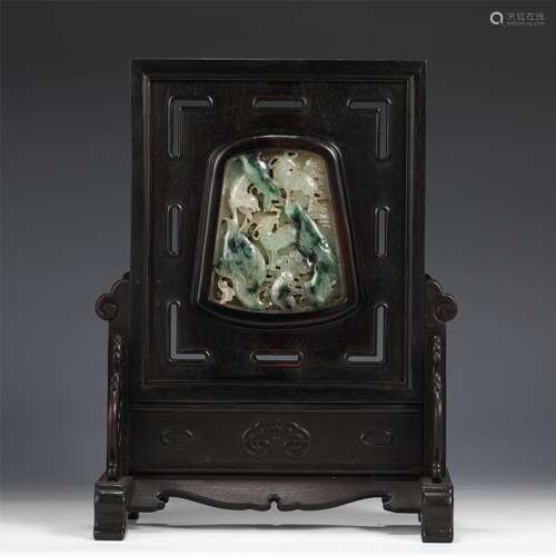 A CHINESE ZITAN INLAID JADEITE TABLE SCREEN