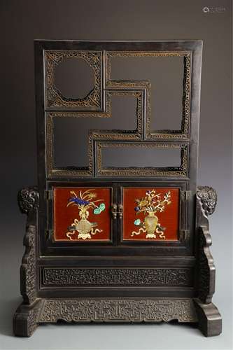 A CHINESE ZITAN INLAID GEMSTONES TABLE SCREEN