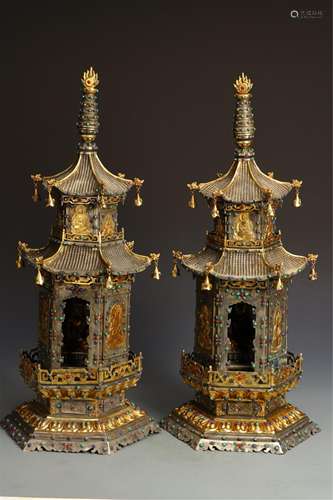 A PAIR OF CHINESE WHITE GILT BRONZE INLAID GEMSTONES