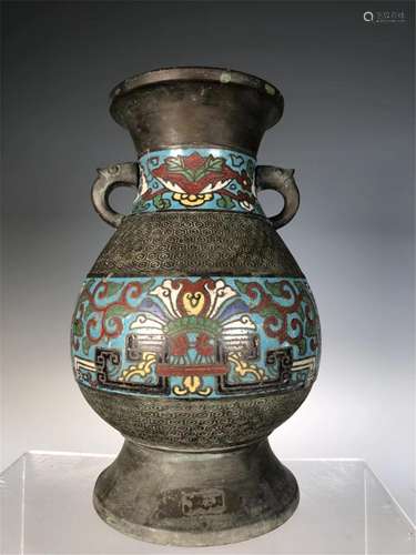 A BRONZE DOUBLE-HANDLED VASE INLAID WITH CLOISONNE