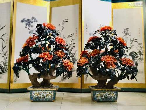 PAIR OF HARD-STONES BONSAI WITH CLOISONNE BASINS