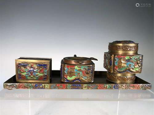 A GROUP OF ENAMELED BRONZE SMOKING WARES