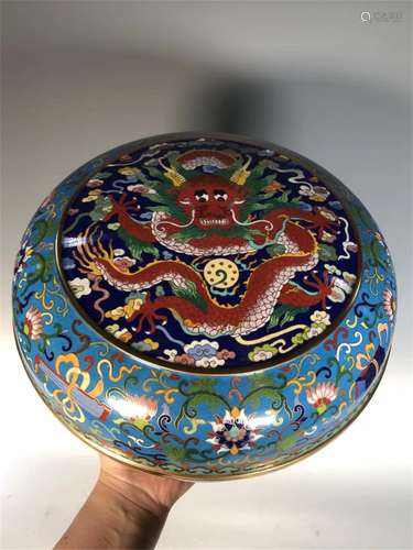 A BLUE GROUND CLOISONNE DRAGON BOX AND COVER