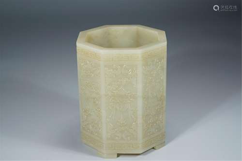 A CHINESE HARDJADE BRUSH POT