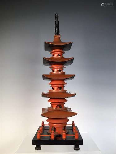 A LACQUERED WOODEN BUDDHIST PAGODA