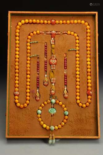 A CHINESE AMBER 108 BEADS CHAOZHU AND 18 BEADS PRAYERS