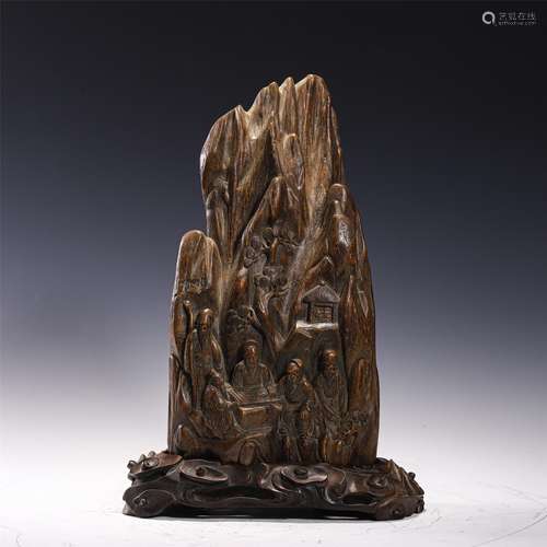 A CHINESE CARVED FIGURE STORY AGARWOOD ORNAMENTS