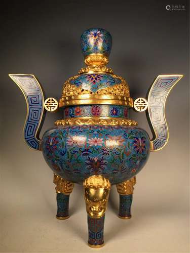 A CLOISONNE INCENSE BURNER WITH DOUBLE HANDLES