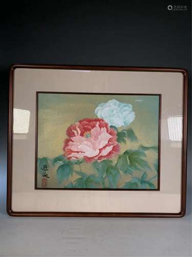 A FRAMED HANGING SCREEN OF PEONIES