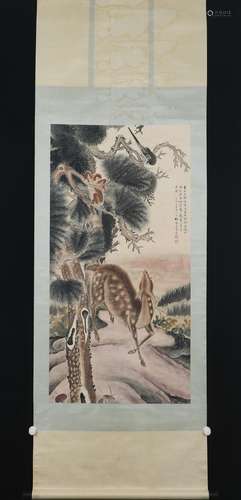 A SCROLL PAINTING OF DEER AND PINE TREE