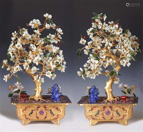 PAIR OF HARD-STONES BONSAI WITH CLOISONNE BASINS