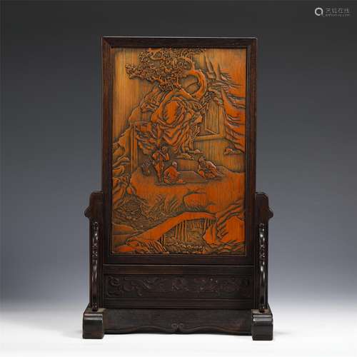 A CHINESE HARDWOOD INLAID BAMBOO TABLE SCREEN