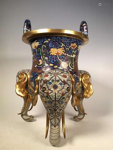 AN ELEPHANT-HEAD FOOTED CLOISONNE INCENSE BURNER