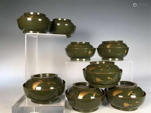 SET OF OLIVE GREEN GROUND GOLD PAINTED BOWLS