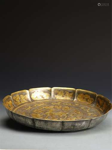 A CHINESE WHITE BRONZE GILDING PLATE