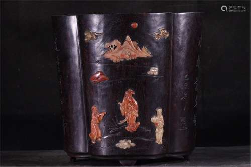 A CHINESE ZITAN INLAID SHOUSHAN STONE BRUSH POT