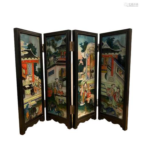 Antique Four Panel Glass 'Reverse; Painting