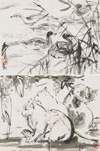 黄 胄（1925-1997） 速写画稿二帧 纸本水墨 镜心