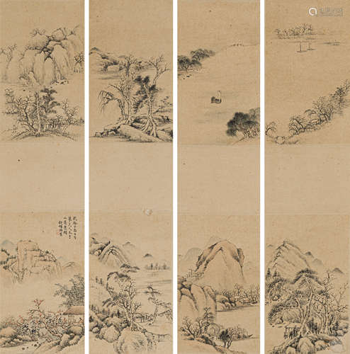 黄 易（1744-1802） 江南八影四屏 纸本设色 立轴