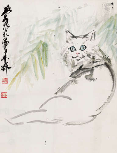 黄 胄（1925-1997） 白猫 纸本设色 立轴