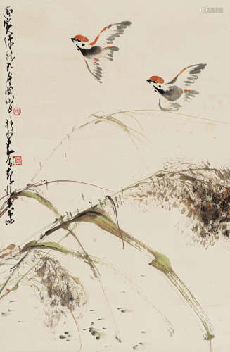 赵少昂（1905-1998） 关山月（1912-2000） 双雀 纸本设色 立轴