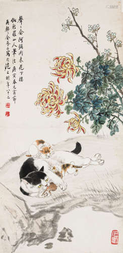 金梦石（1869-1952） 猫趣 纸本设色 立轴
