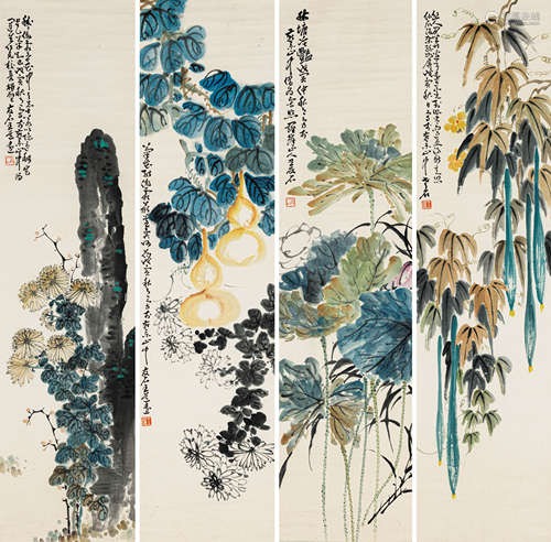 王友石（1892-1965） 花卉四屏 纸本设色 立轴