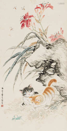曹克家（1906-1979） 猫趣 纸本设色 立轴
