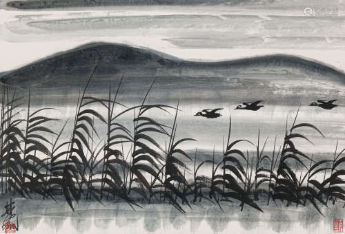 林风眠（1900-1991） 芦雁 纸本设色 镜框