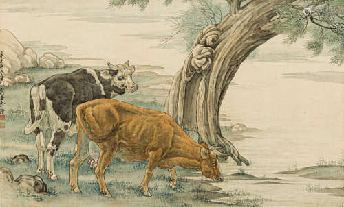 刘奎龄（1885-1967） 双牛 绢本设色 立轴