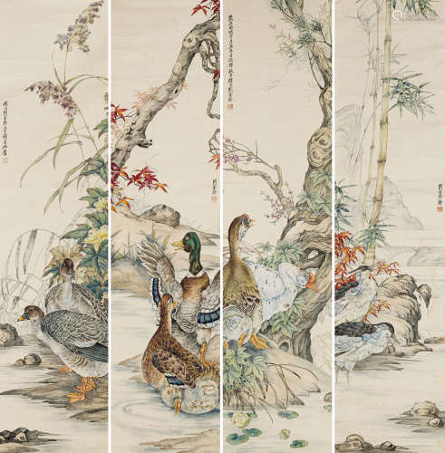 刘奎龄（1885-1967） 花鸟四屏 纸本设色 立轴