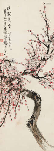 汪吉麟（1871-1960） 红梅 绢本设色 立轴
