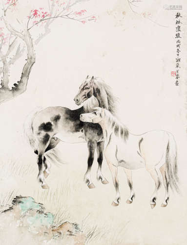 戈湘岚（1904-1964） 秋林双骏 纸本设色 镜心