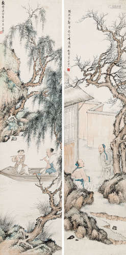 赵松声（1885-1940） 山水人物对屏 纸本设色 立轴