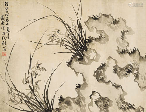 尹 溎（1851-1861） 兰石图 绢本水墨 横疋