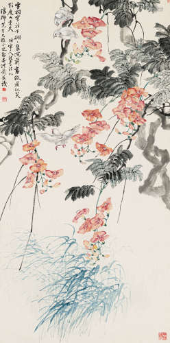洪庶安（1887-1936 后） 雪羽穿花下 纸本设色 立轴