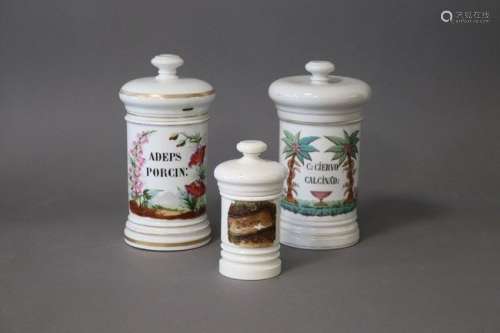 DEUX POTS A PHARMACIE en porcelaine émaillée polychrome, ins...