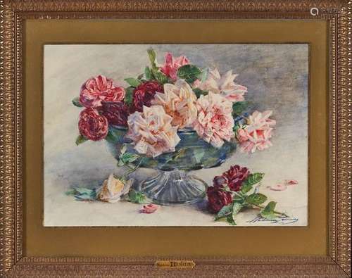 Madeleine LEMAIRE (1845-1928) Coupe de roses Aquarelle signé...