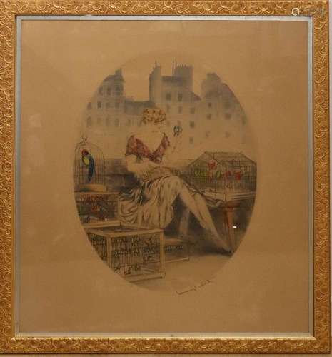 Louis ICART (1888-1950) Jeune Femme aux oiseaux Gravure en c...