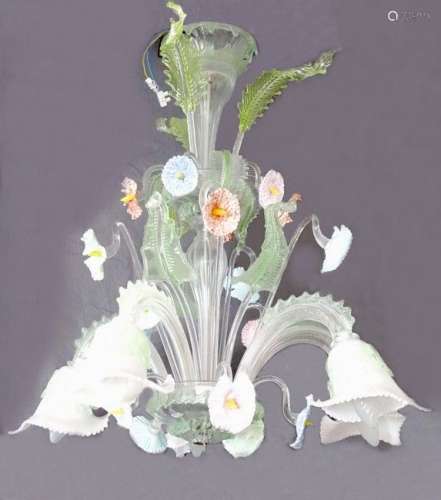 MURANO, XXe siècle LUSTRE en verre opalescent blanc et vert ...