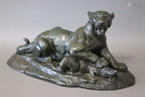 Edouard DELABRIERRE (1829-1912) Lionne saisissant un petit m...