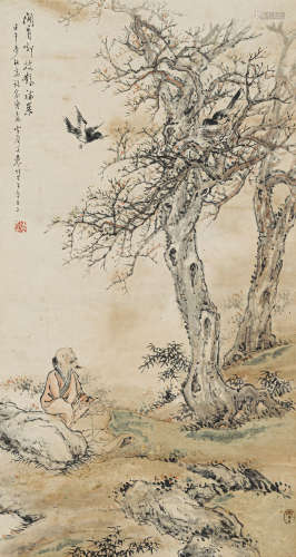 袁培基（1870-1943） 观喜图 纸本设色 立轴