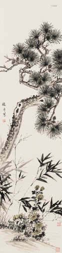 赵 丹（1915-1980） 松菊竹影 纸本设色 立轴