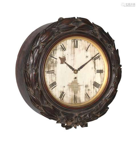 A FINE VICTORIAN CARVED MAHOGANY FUSEE WALL TIMEPIECE