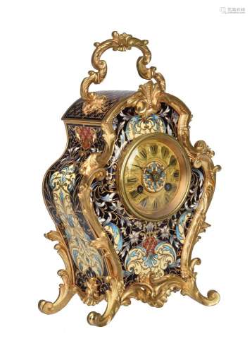 A FRENCH GILT BRASS AND CHAMPLEVE ENAMEL SMALL CARRIAGE MANT...