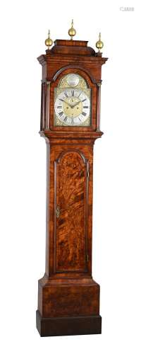 A GEORGE I FIGURED WALNUT EIGHT-DAY LONGCASE CLOCK