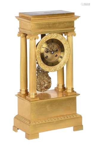 A FRENCH CHARLES X STYLE ORMOLU PORTICO MANTEL CLOCK