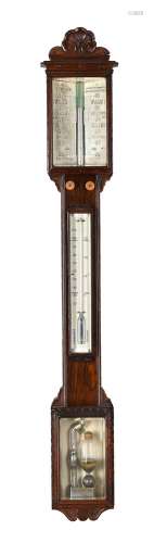 Y A VICTORIAN CARVED ROSEWOOD MERCURY STICK BAROMETER WITH V...